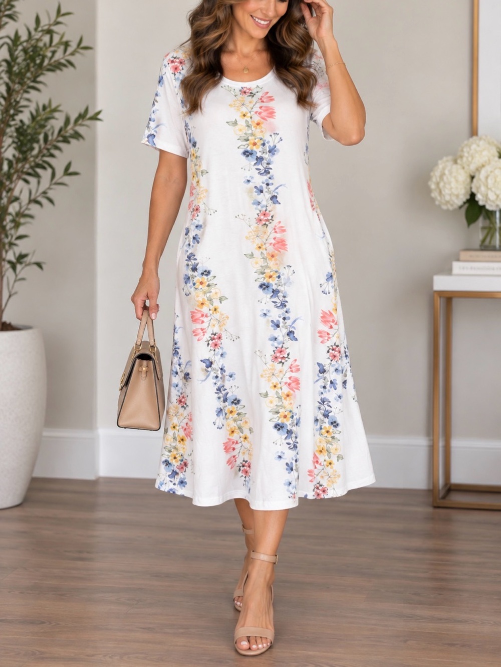 LuLaRoe White Floral Midi Dress with Blue, Yellow & Pink Accents